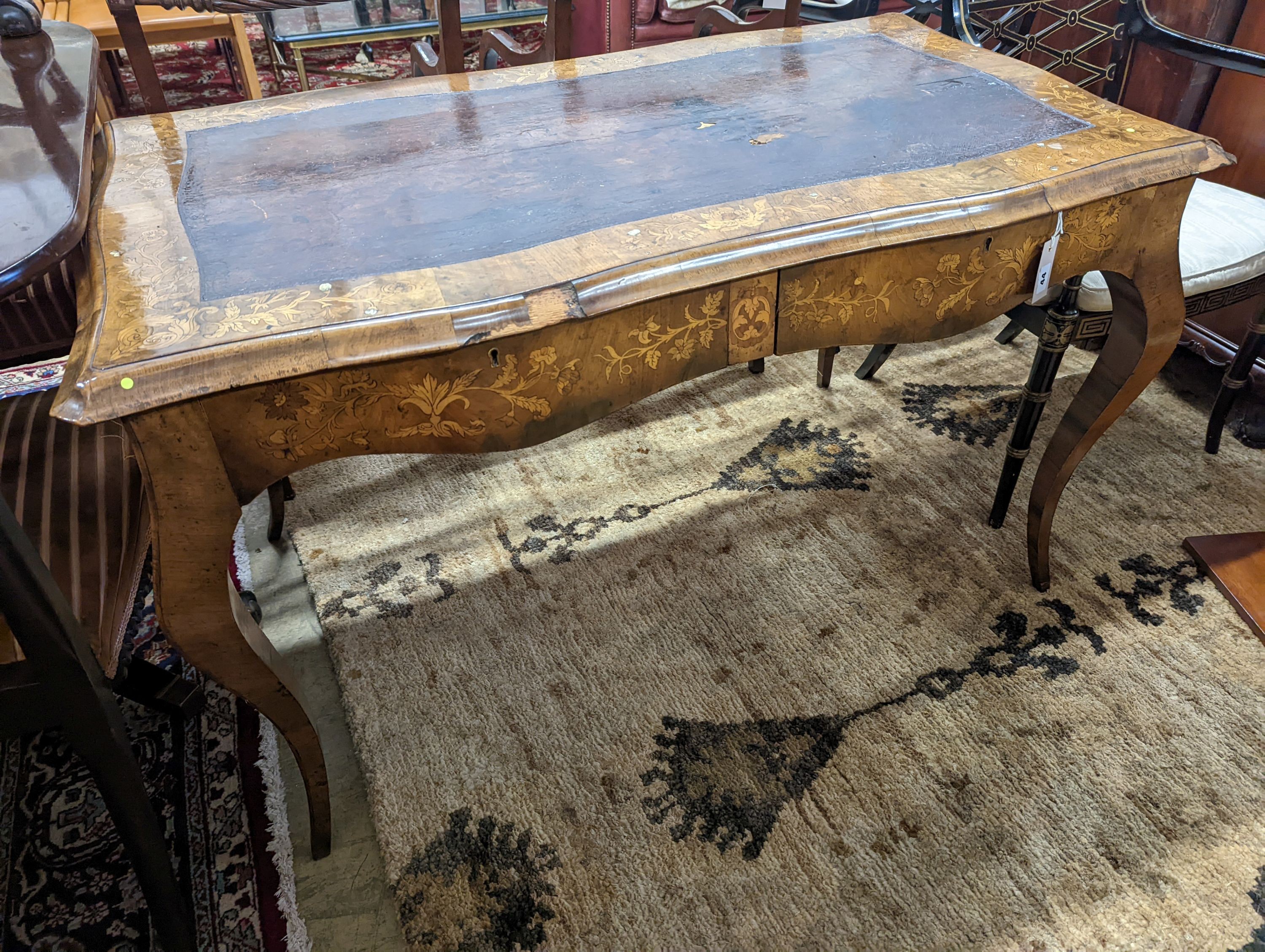 A 19th century mother of pearl and marquetry inlaid writing table, width 120cm, depth 65cm, height 73cm